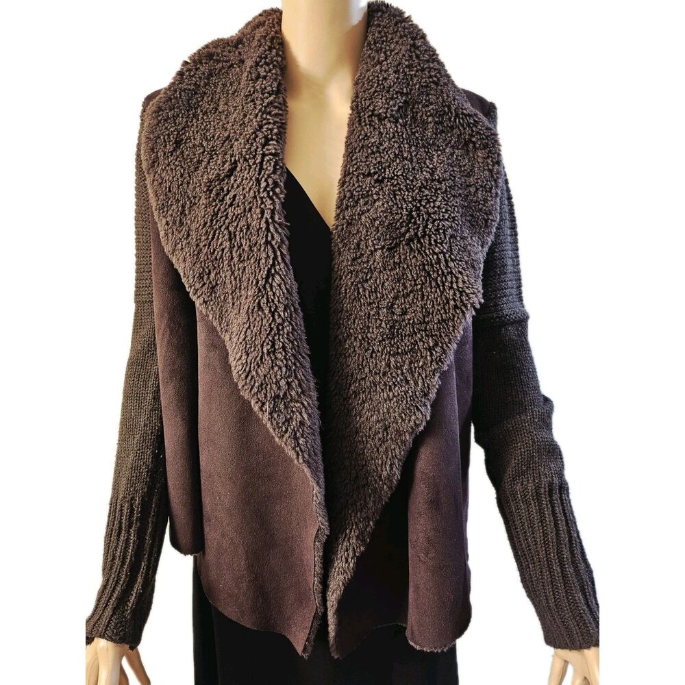 Chelsea & Theodore Brown Suede Knit Cardigan Jacket with Shearling Trim Sz S
